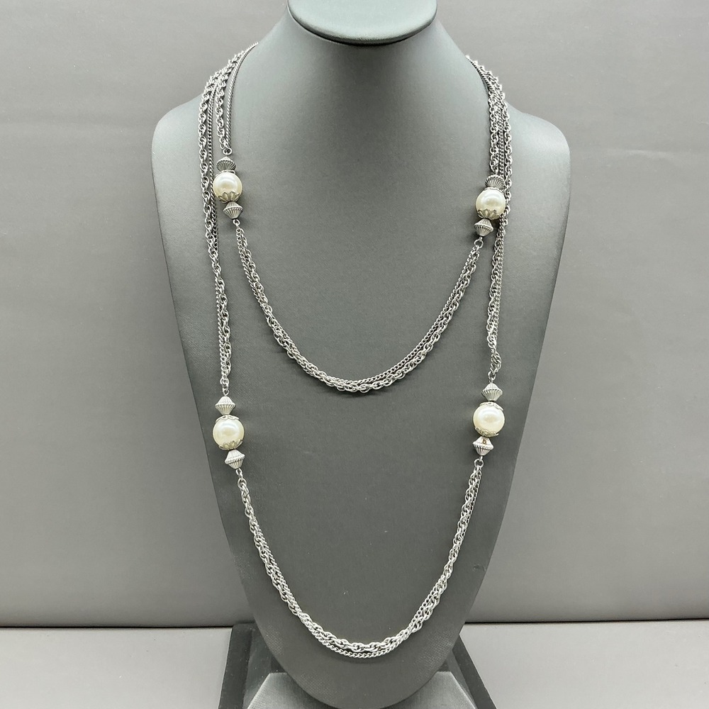 Long Faux Pearl Double Strand Necklace Women Silver Tone Multi Chain Costume